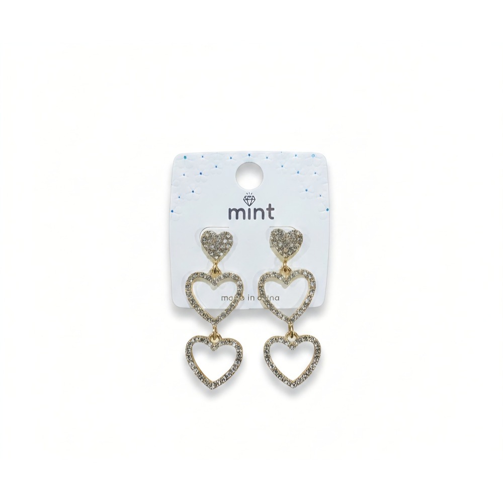 Mint Gold Tone Triple Heart Rhinestone Dangle Earrings Costume Jewelry